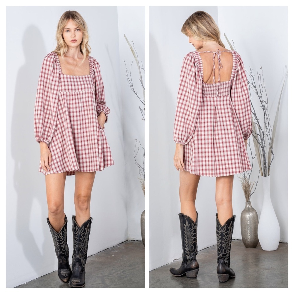 REVEROF Plaid Babydoll Dress With Smocking Back Detail,NWT - Picture 3 of 11